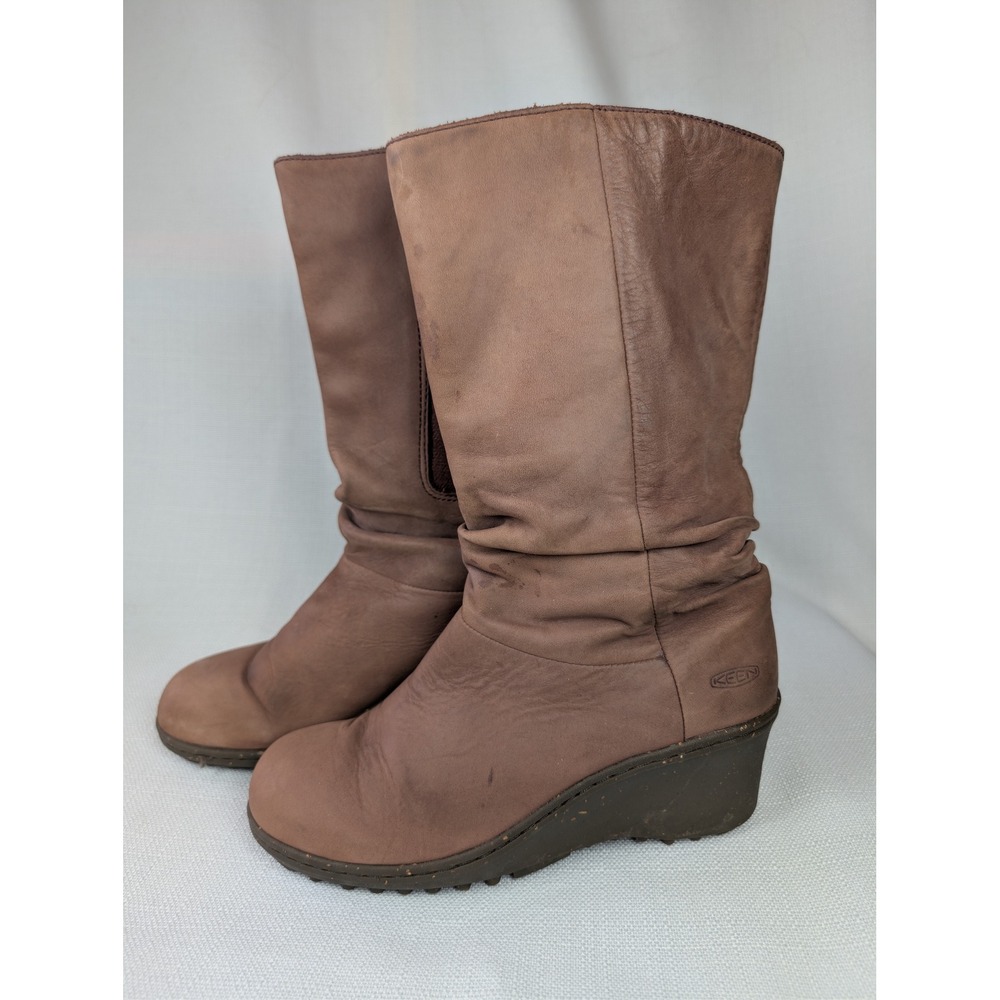 KEEN Akita Mid Brown Leather Slouch Wedge Boots Size 7 1007694 Cabincore